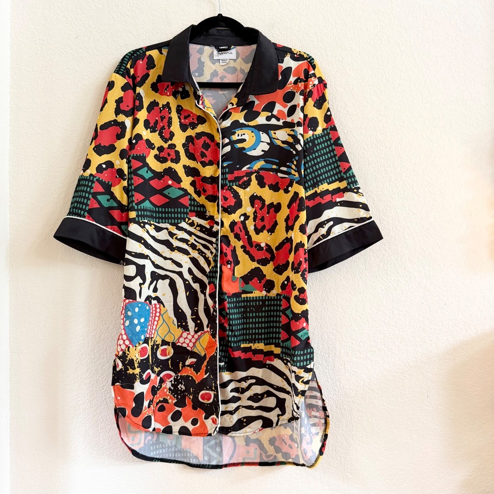 Averie Womens Satin Mixed Animal Print Button Down Shirt Dress Multicolor Turkey
